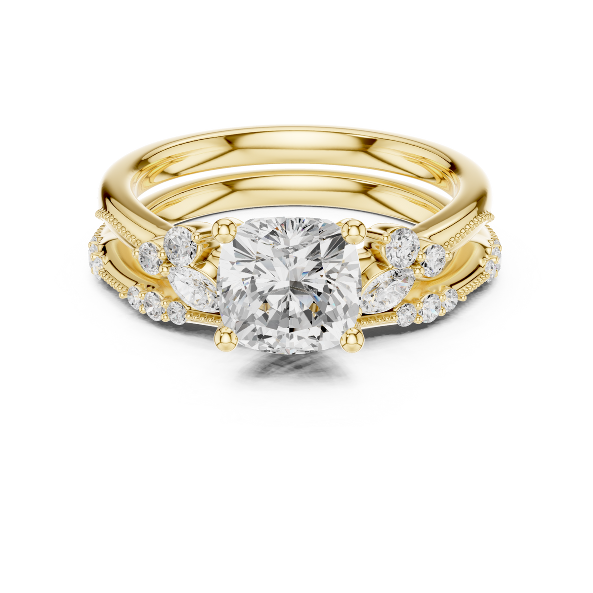Cushion vintage marquise bridal set yellow gold detail view