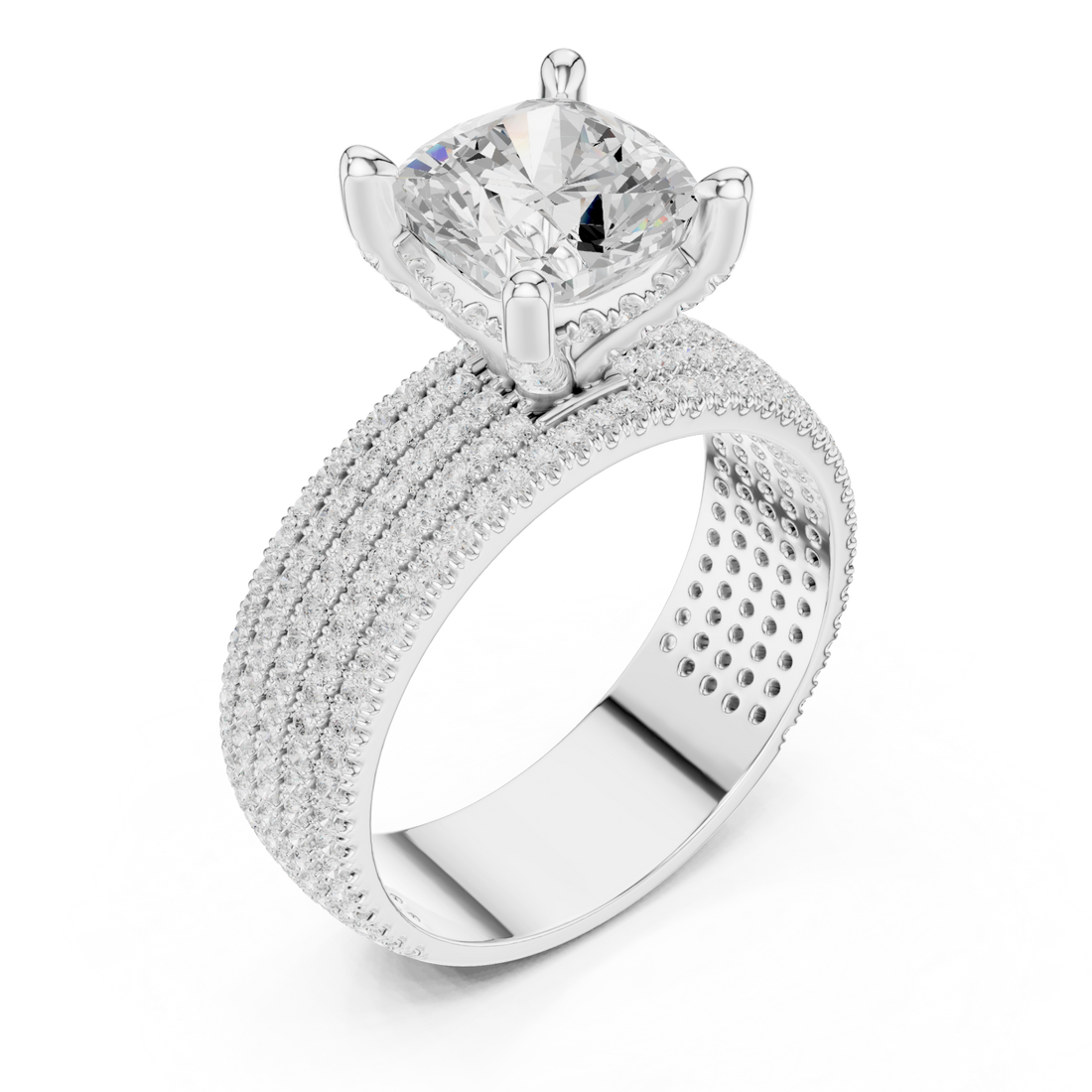 Cushion wide pave band engagement ring white gold front view