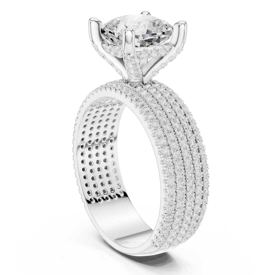 Cushion wide pave band engagement ring white gold front view