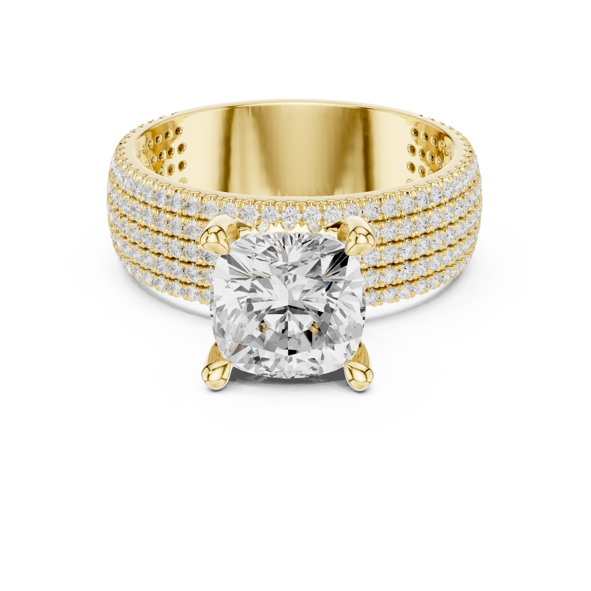 Cushion wide pave band engagement ring yellow gold detail view