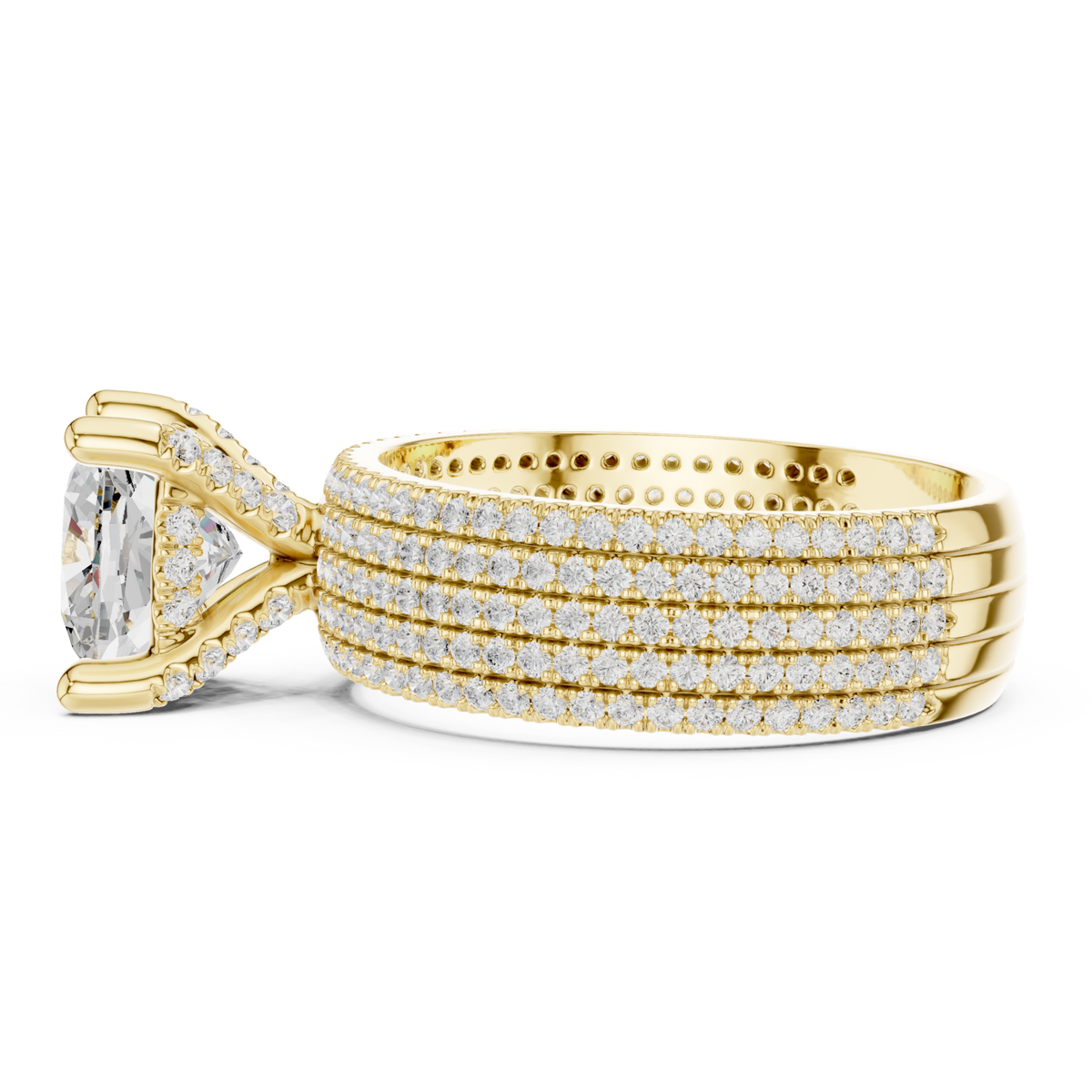 Cushion wide pave band engagement ring yellow gold side view