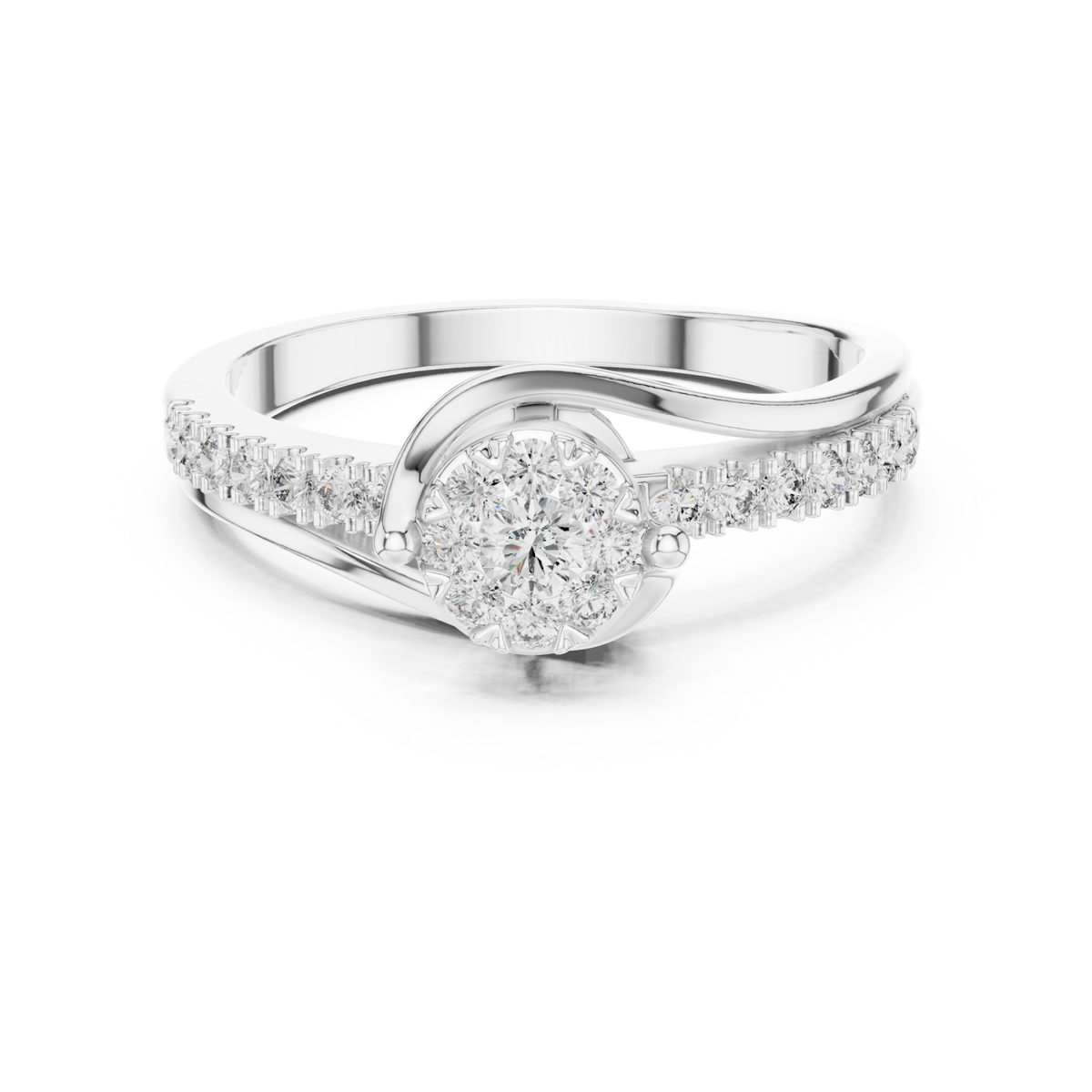 Diamond cluster swirl bypass ring white gold detail view