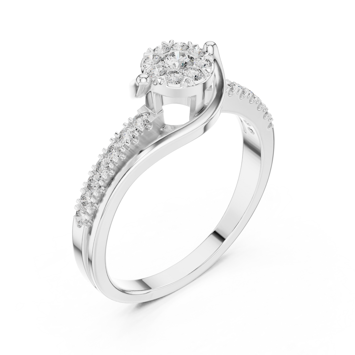 Diamond cluster swirl bypass ring white gold front view