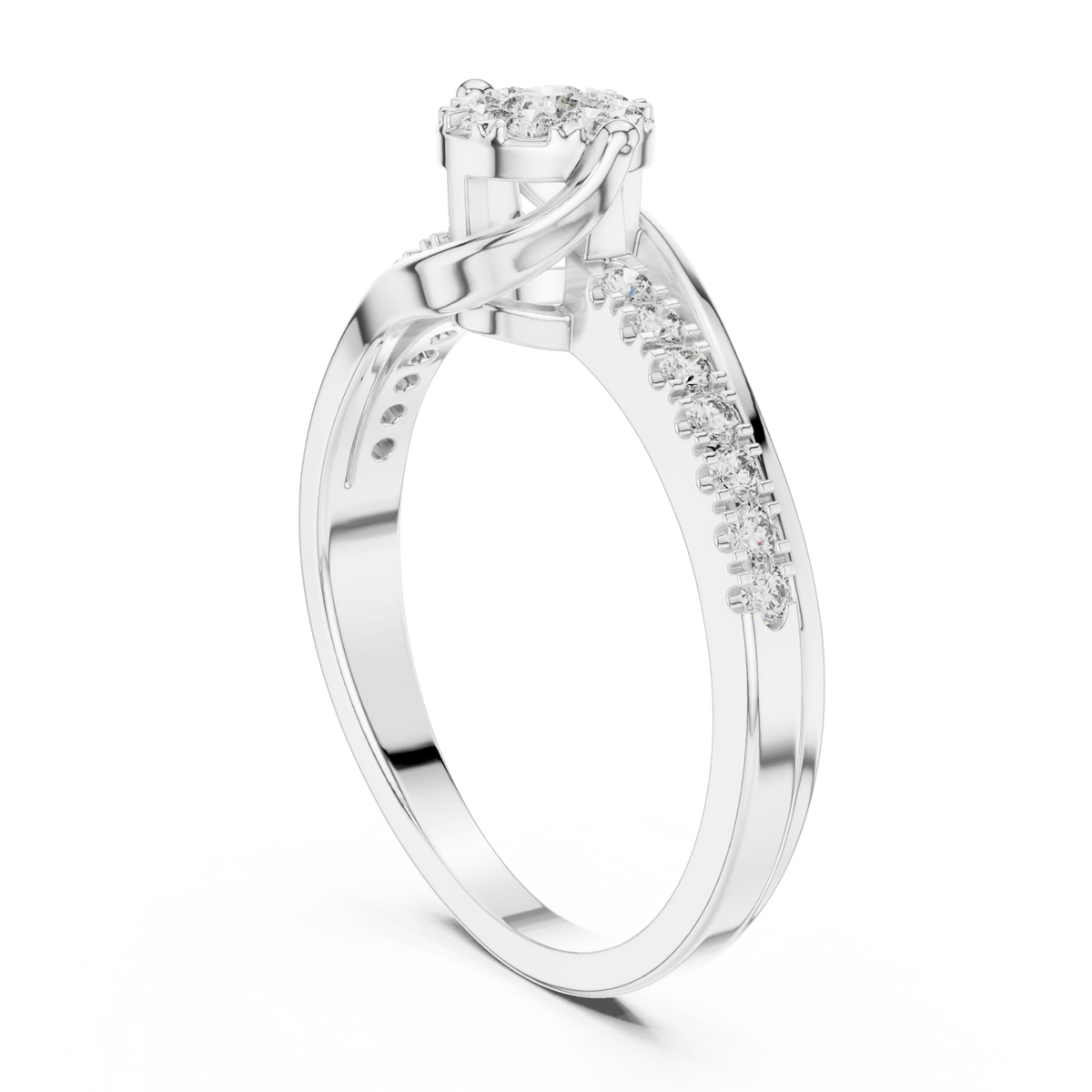Diamond cluster swirl bypass ring white gold side view