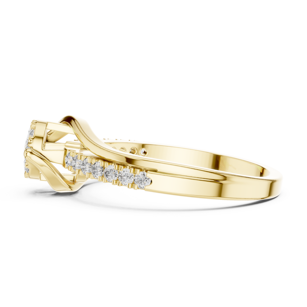 Diamond cluster swirl bypass ring yellow gold angle view