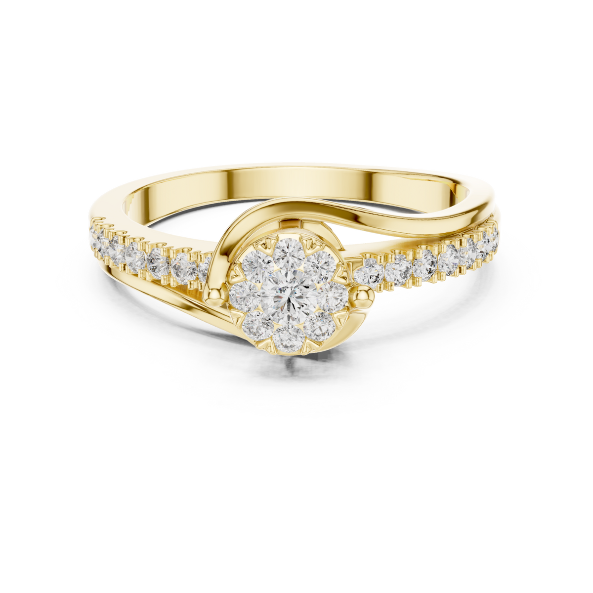 Diamond cluster swirl bypass ring yellow gold detail view