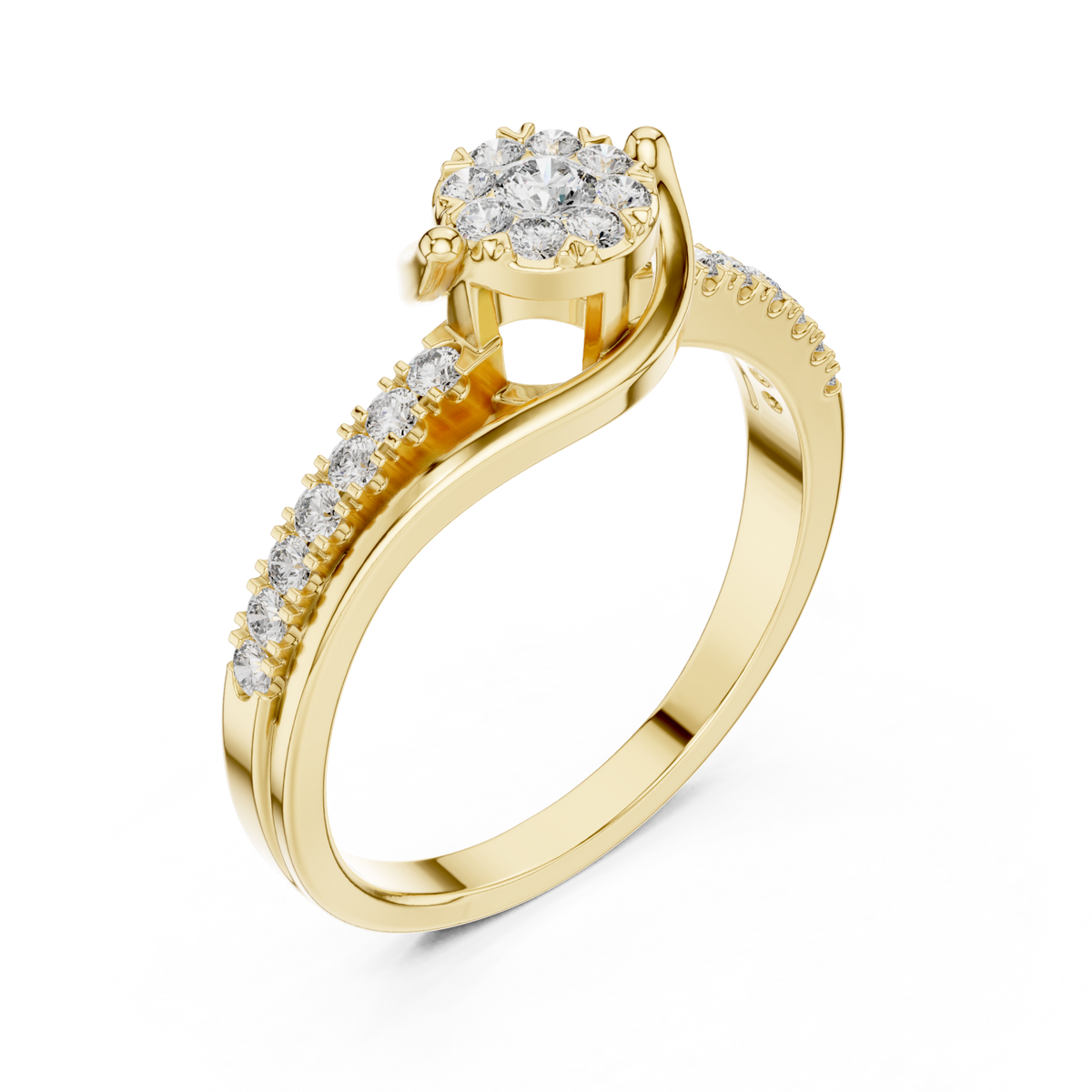 Diamond cluster swirl bypass ring yellow gold front view