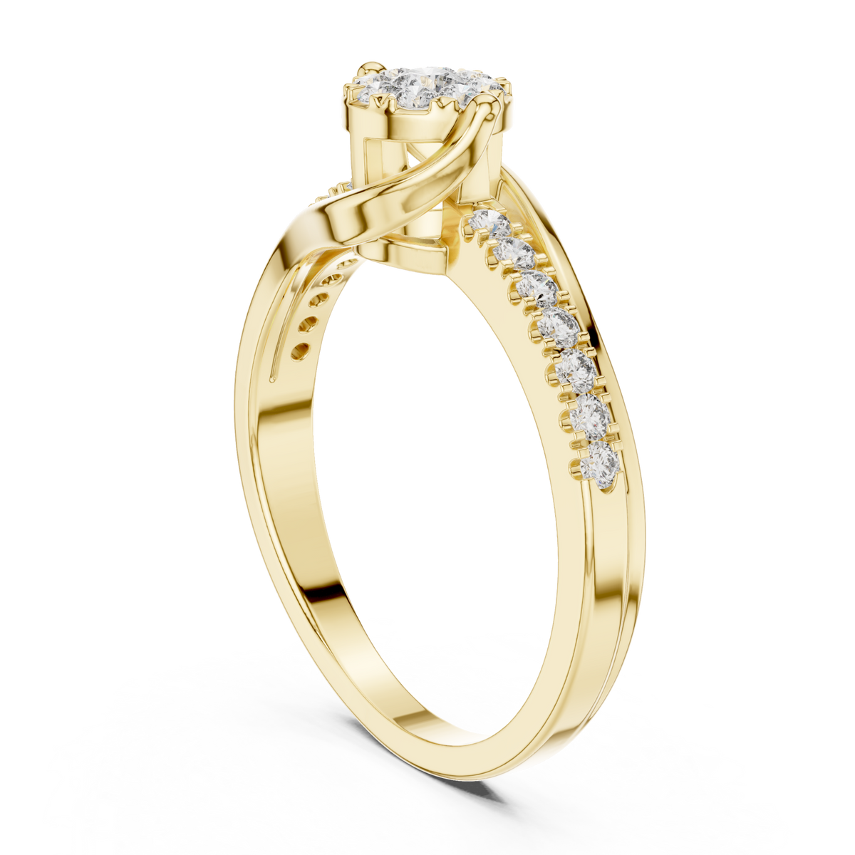 Diamond cluster swirl bypass ring yellow gold side view