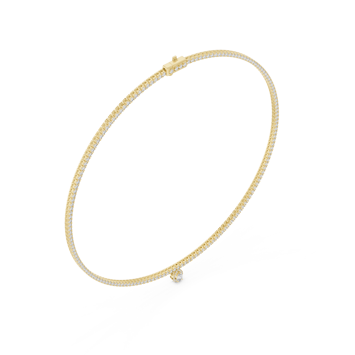 Diamond tennis necklace with pear drop yellow gold angle view
