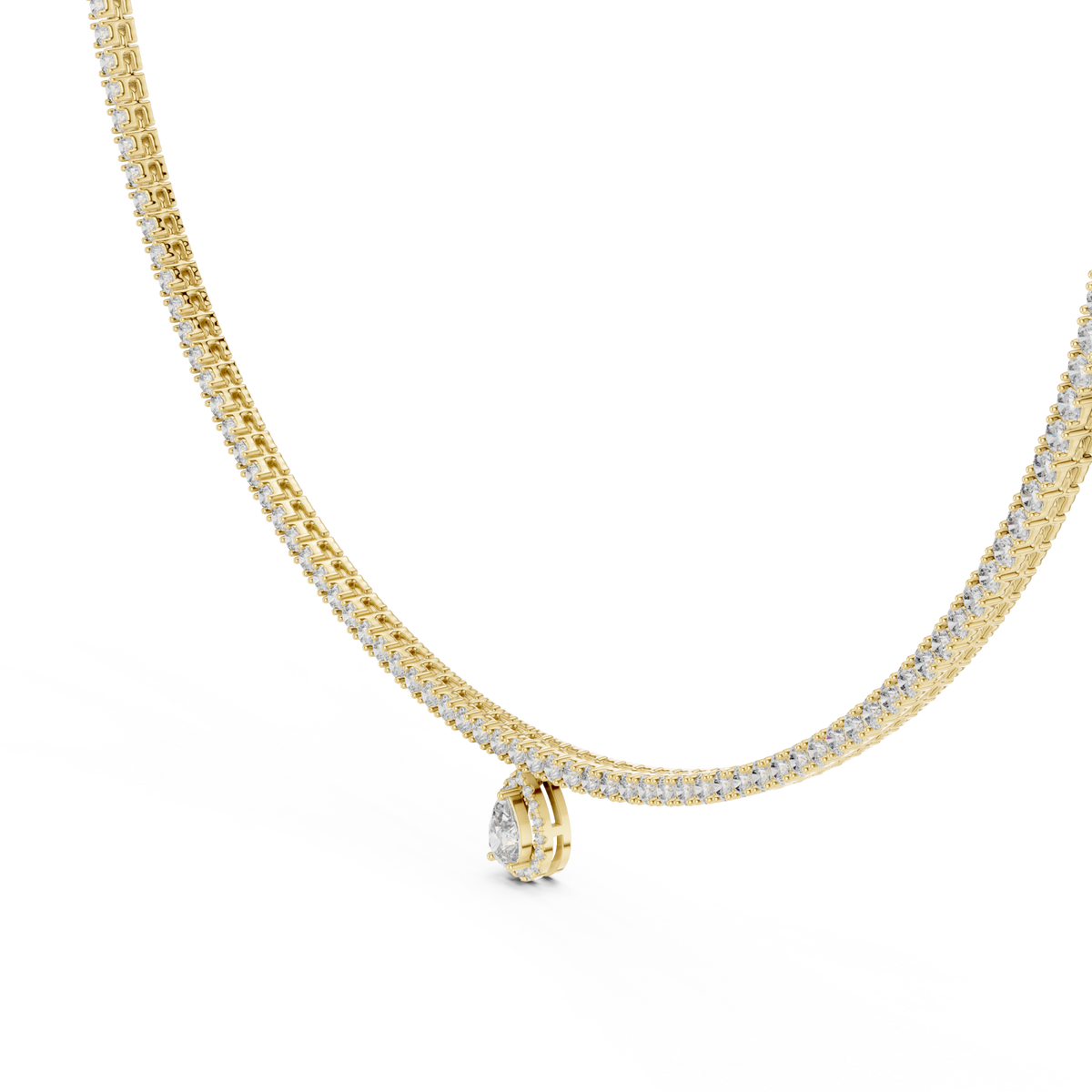 Diamond tennis necklace with pear drop yellow gold front view