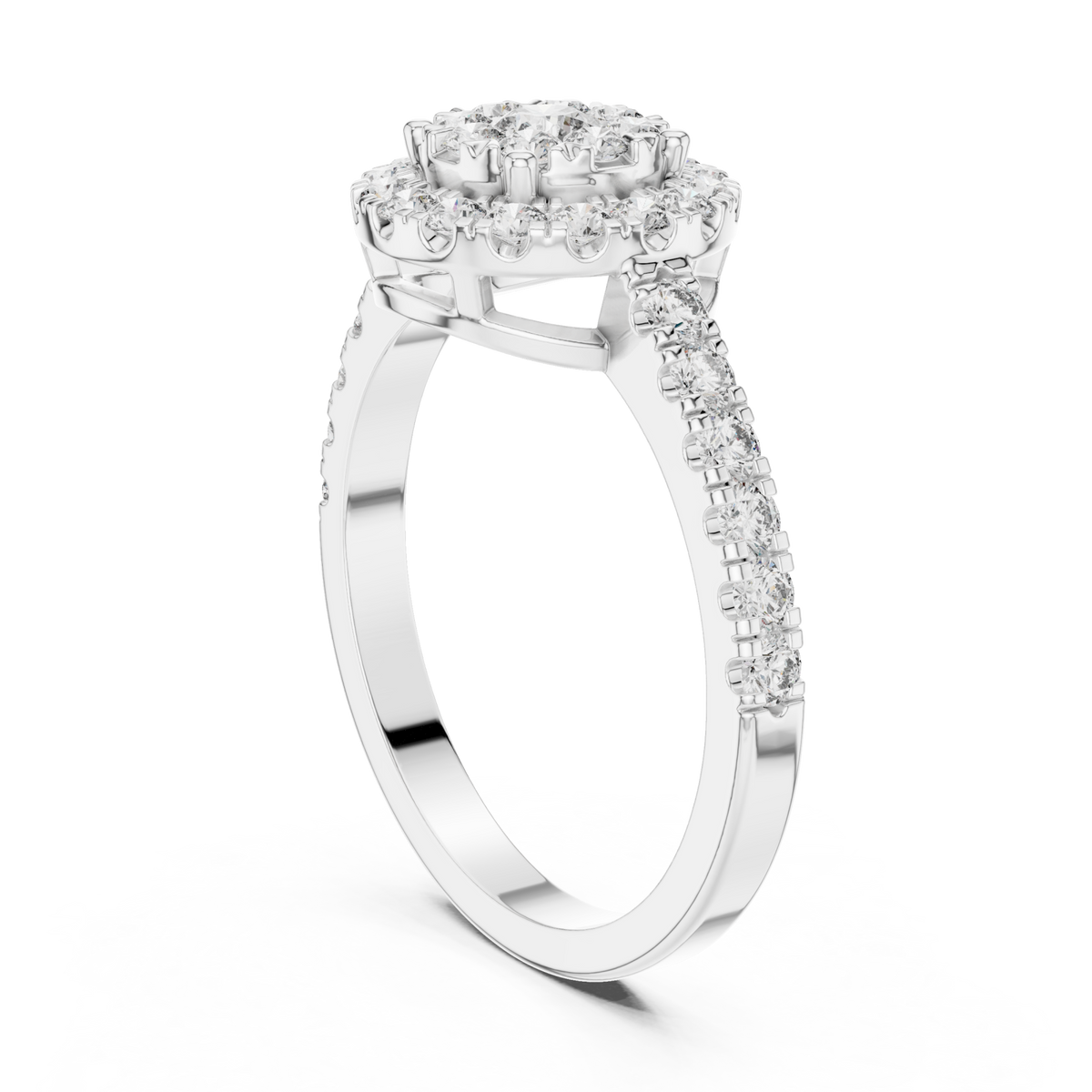 Dome double-halo diamond cluster ring white gold side view