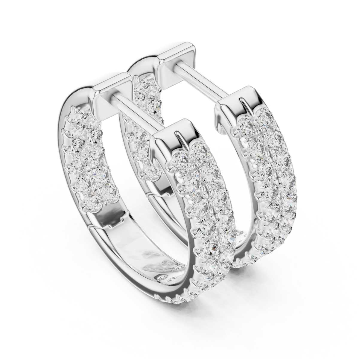  White Gold Double-Row Pave Hoop Earrings Front View
