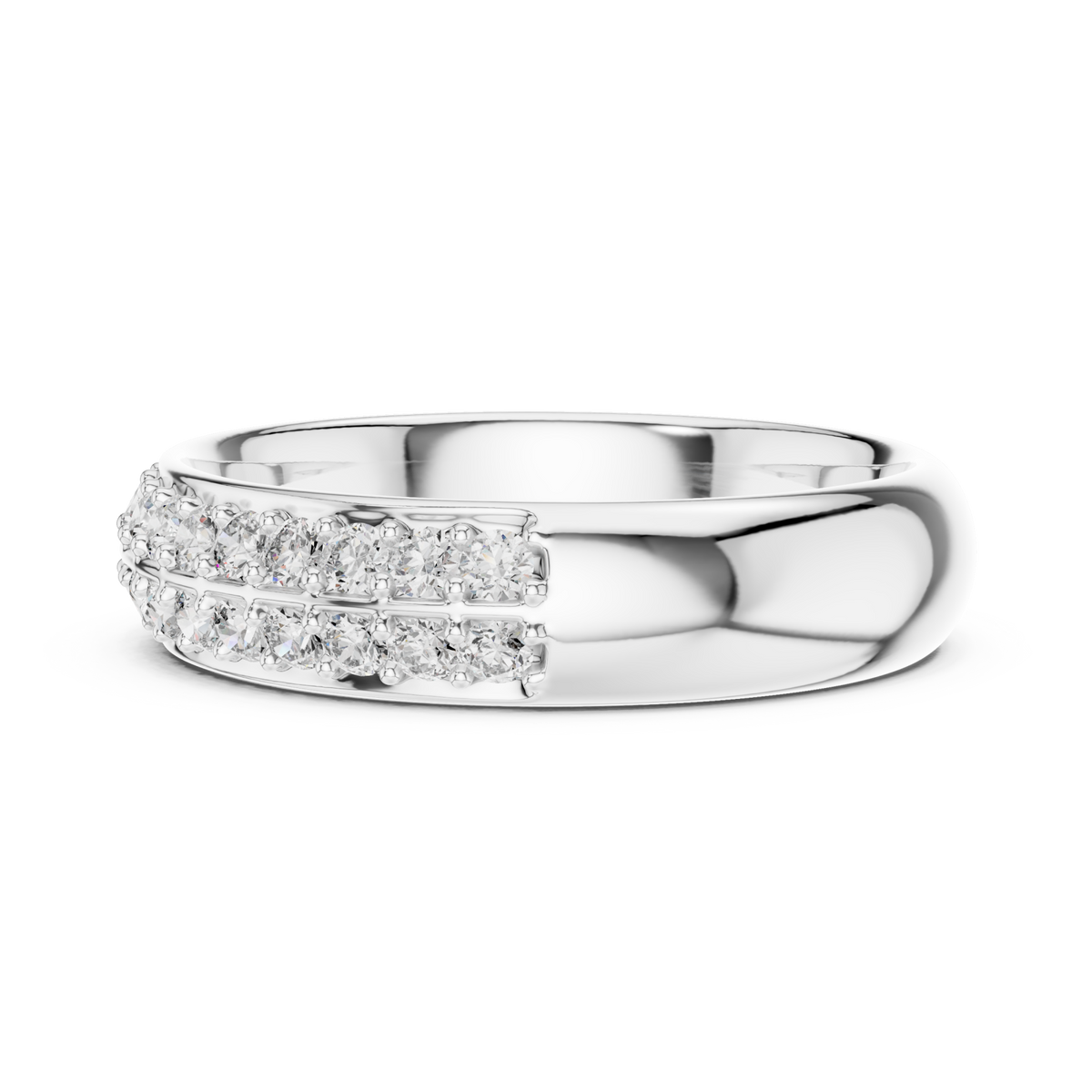 Double row round pave comfort band white gold angle view