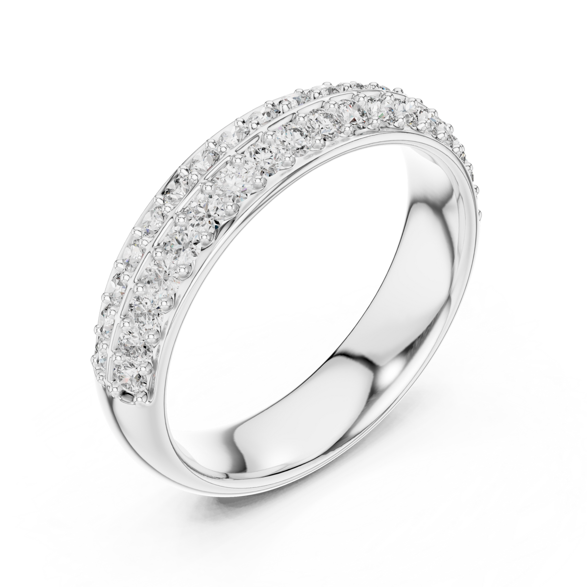 Double row round pave comfort band white gold front view
