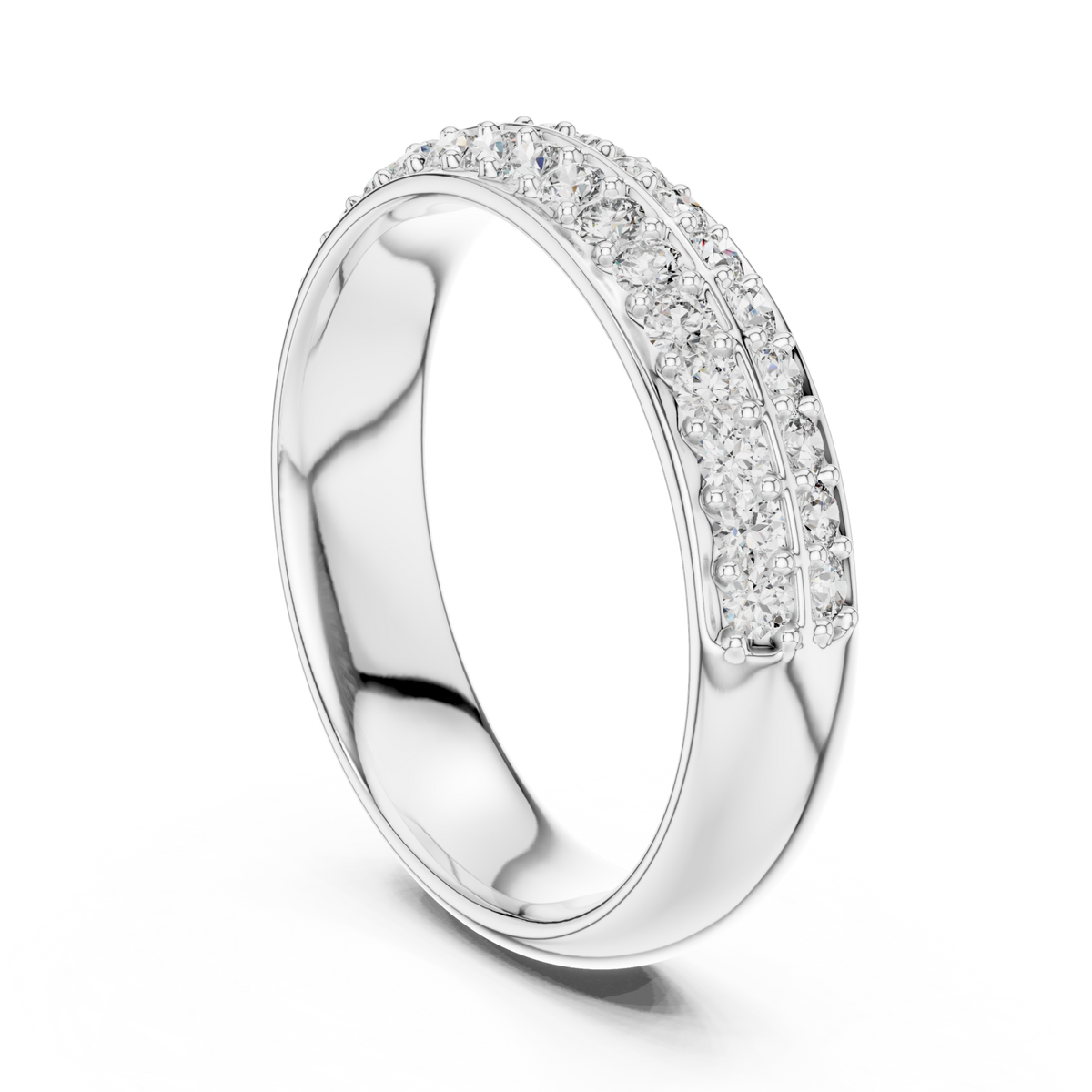 Double row round pave comfort band white gold side view