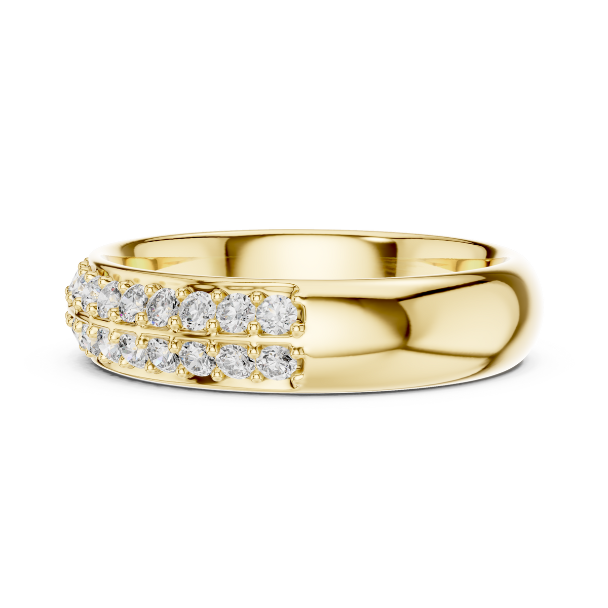 Double row round pave comfort band yellow gold angle view