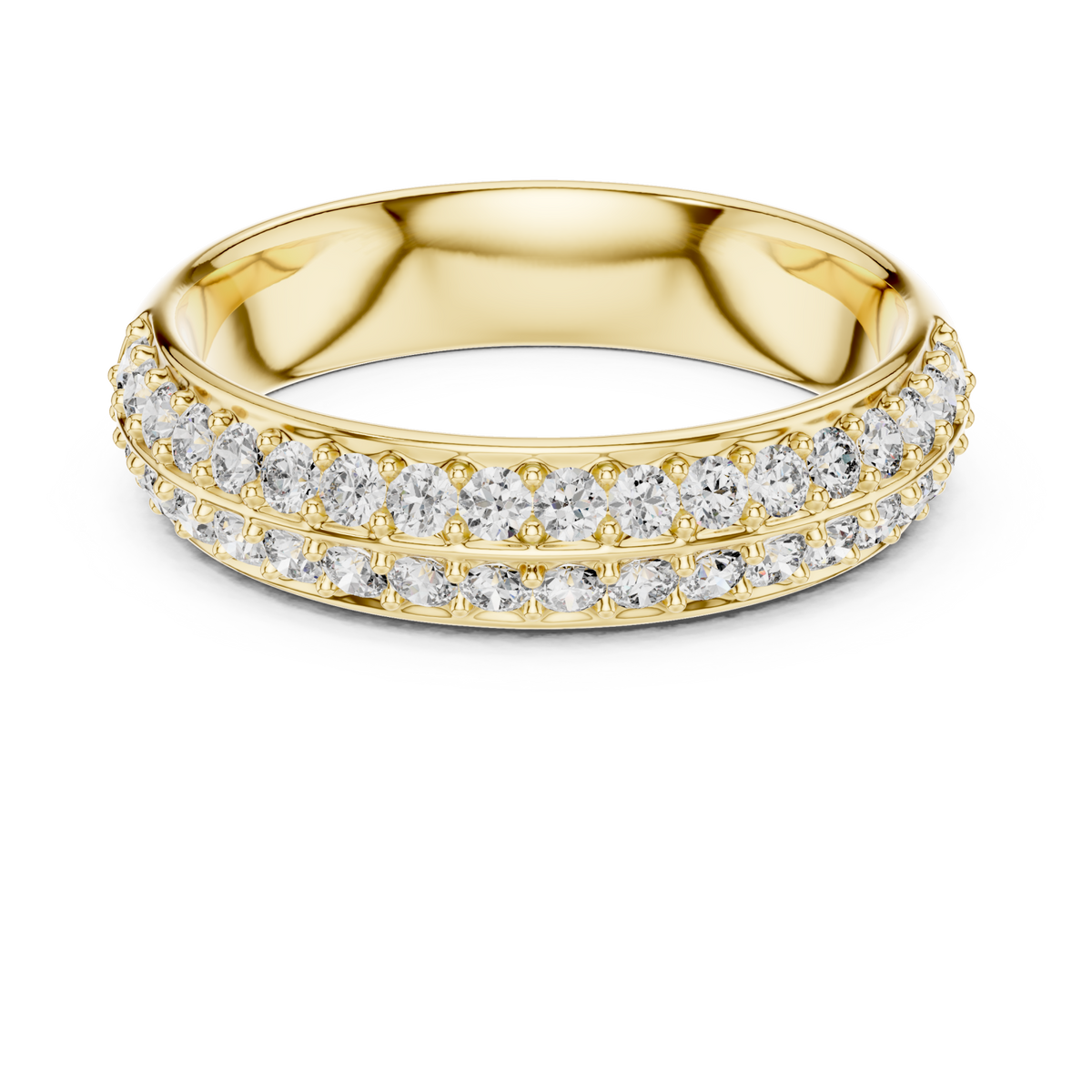 Double row round pave comfort band yellow gold detail view