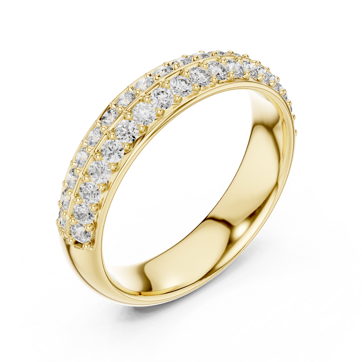 Double row round pave comfort band yellow gold front view