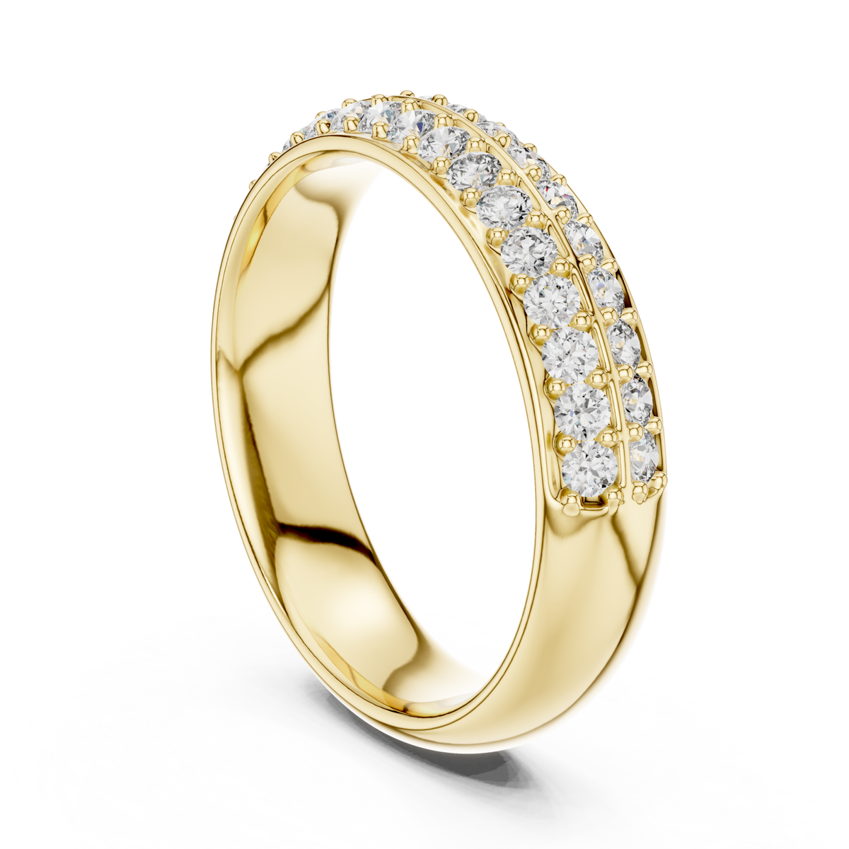 Double row round pave comfort band yellow gold side view