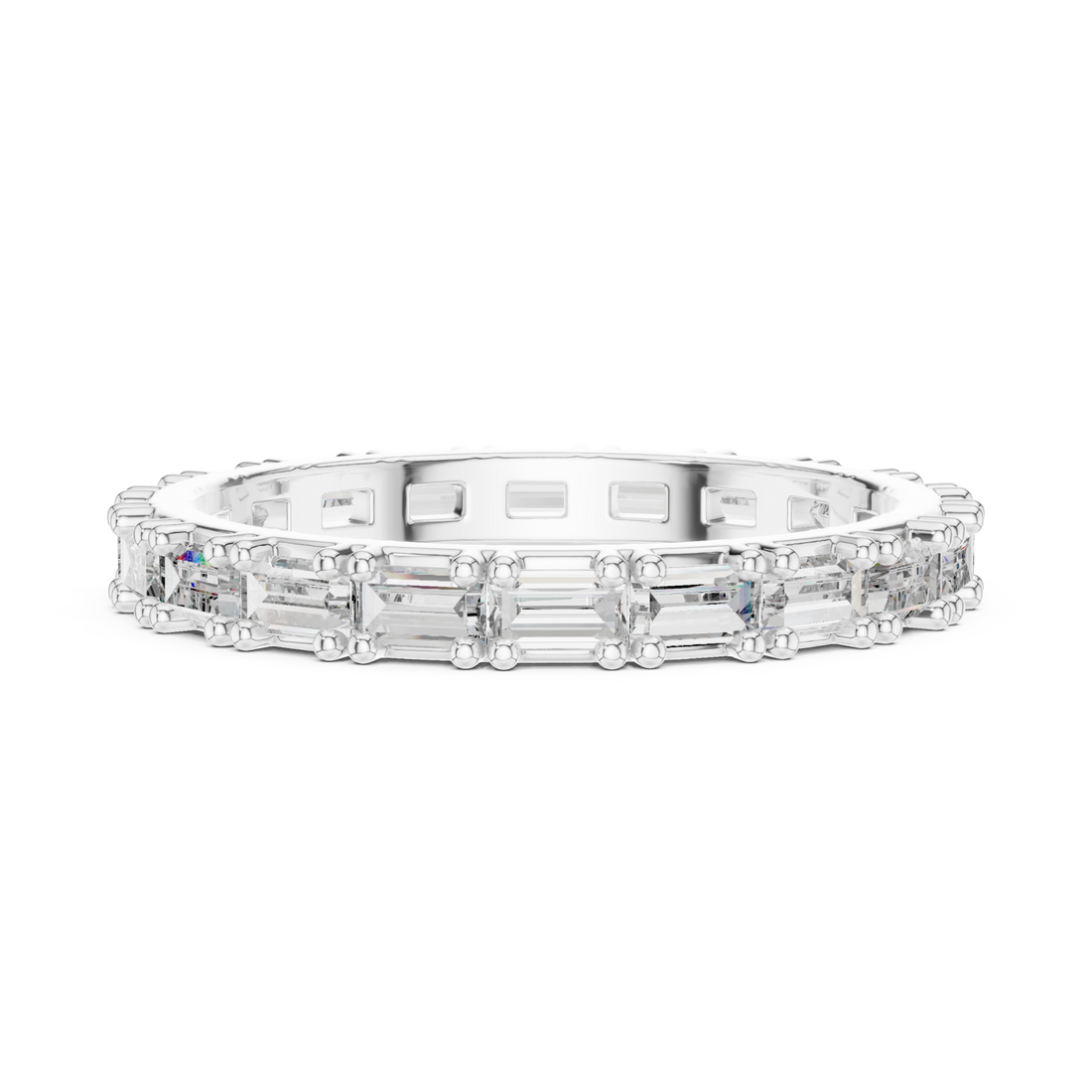 East-west baguette bead-accent eternity band white gold front view