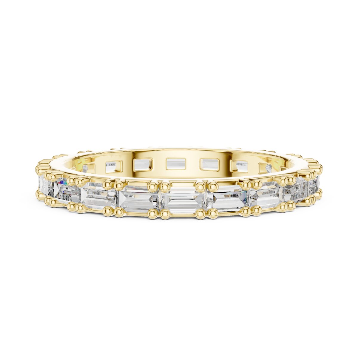 East-west baguette bead-accent eternity band yellow gold angle view