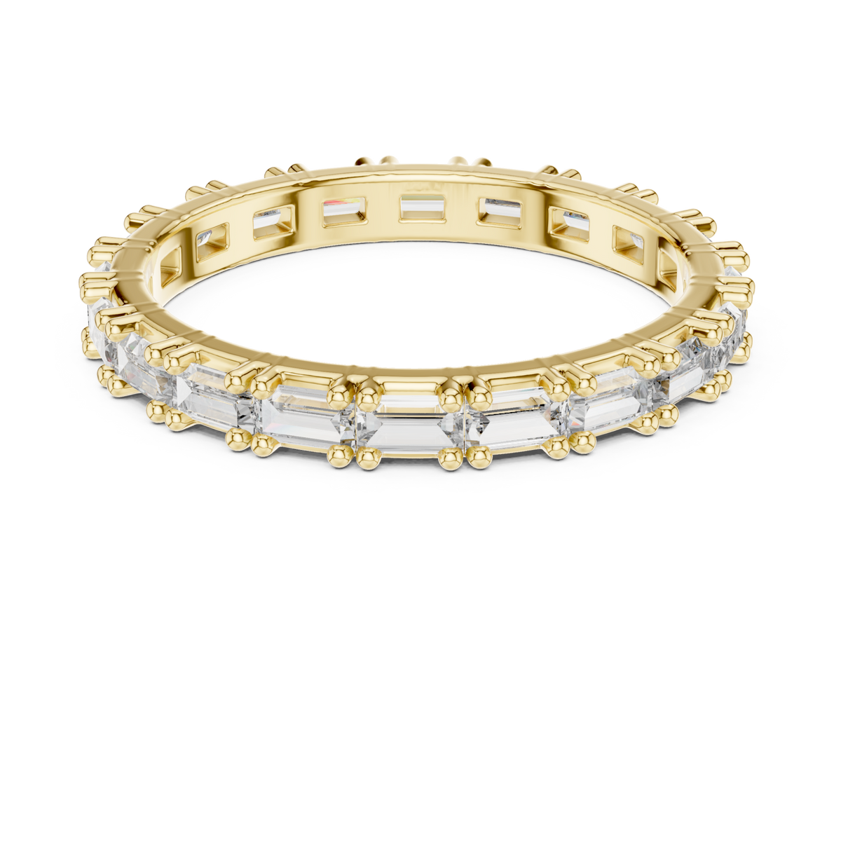 East-west baguette bead-accent eternity band yellow gold detail view