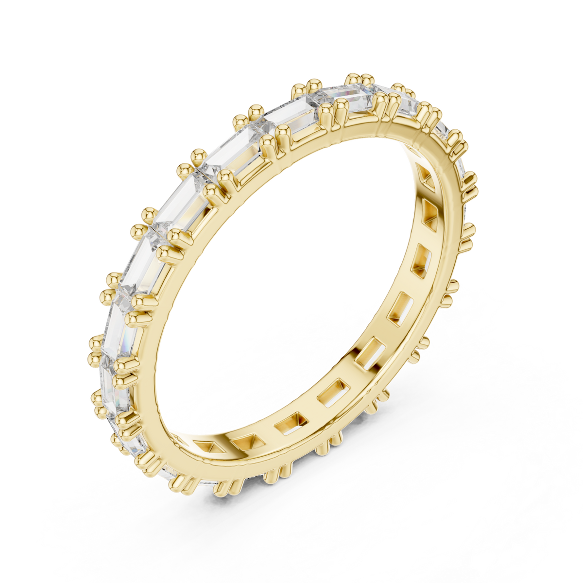 East-west baguette bead-accent eternity band yellow gold front view