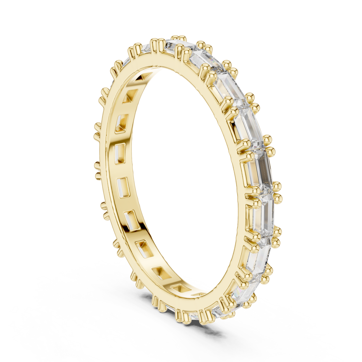 East-west baguette bead-accent eternity band yellow gold side view