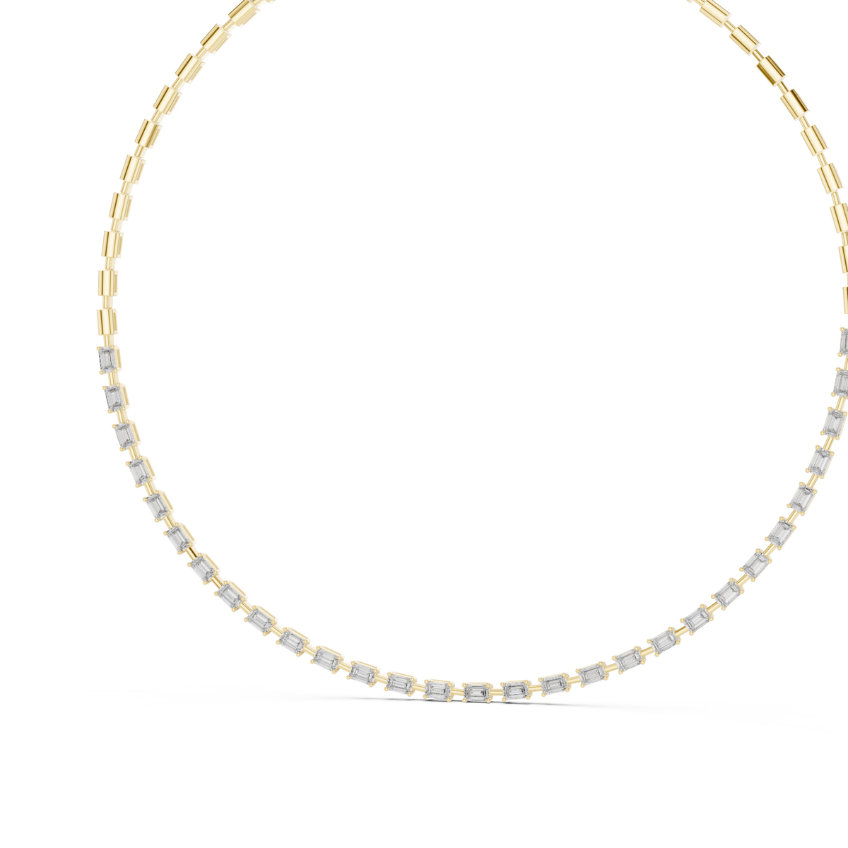 East-west emerald-cut station necklace yellow gold angle view