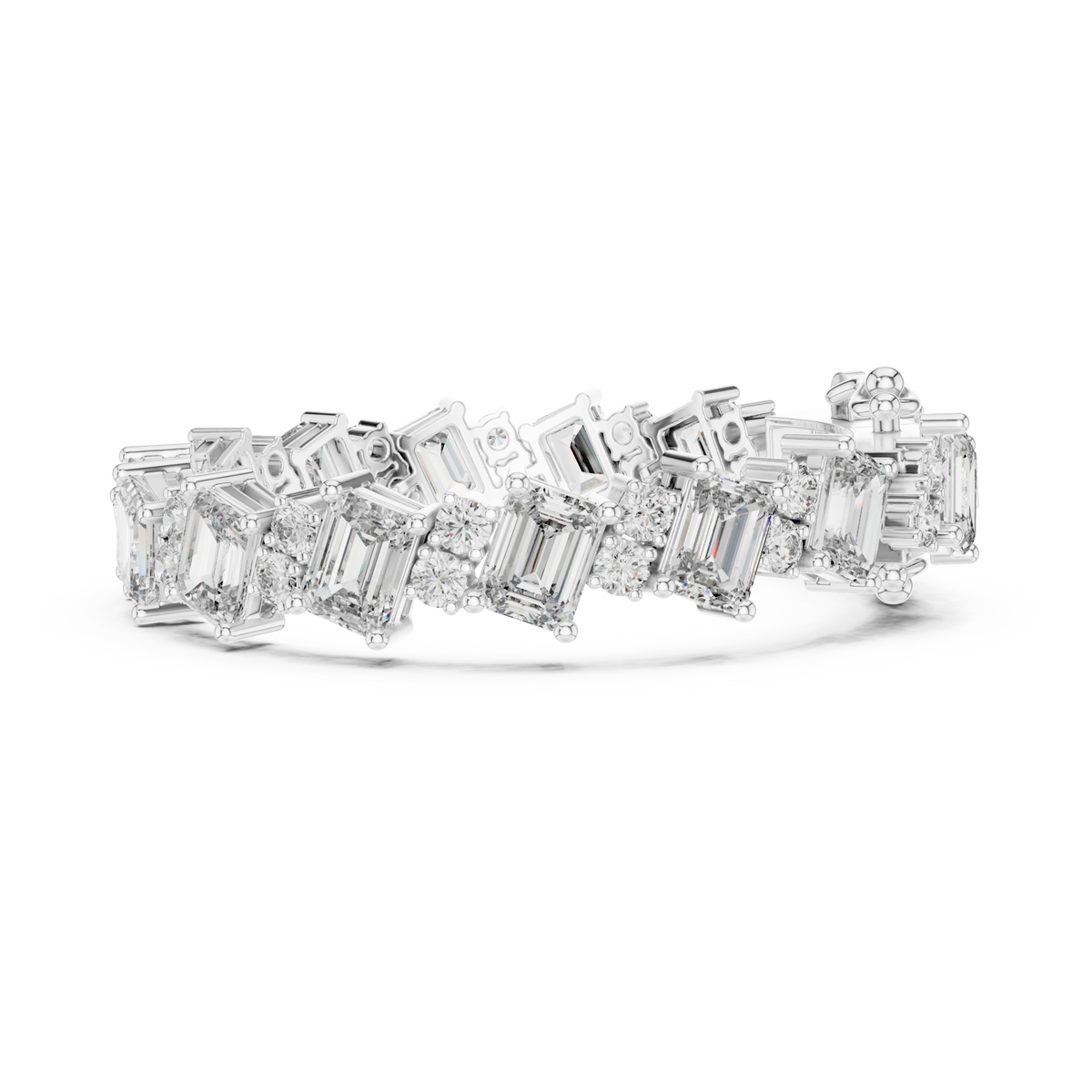  White Gold East-West Emerald and Round Tennis Bracelet Angle View