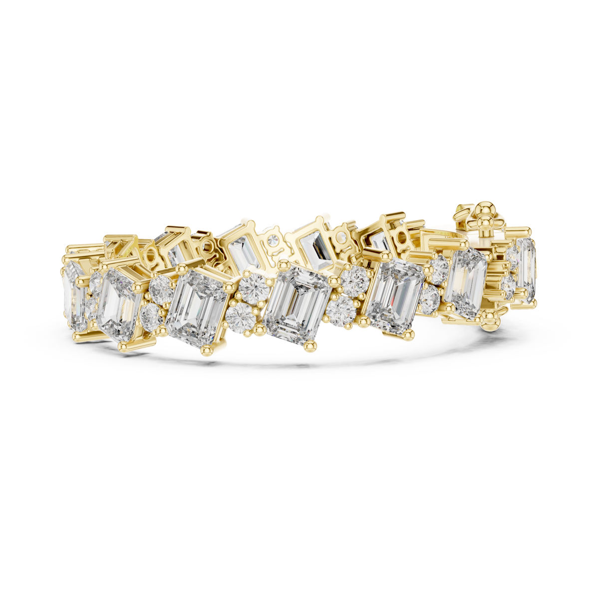  Gold East-West Emerald and Round Tennis Bracelet Angle View