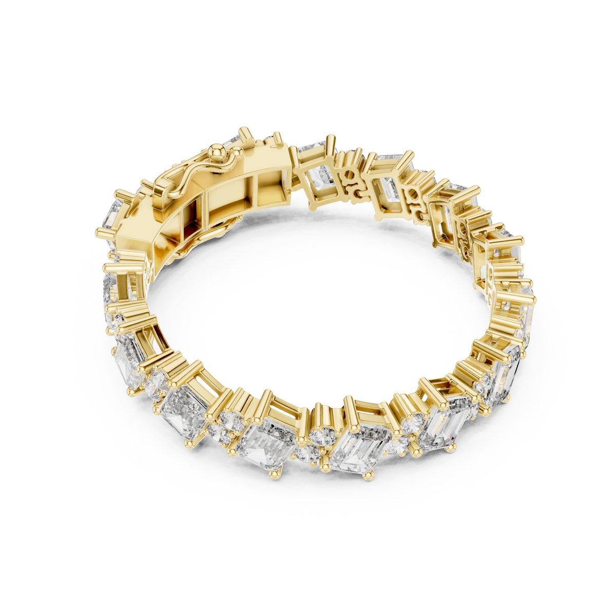  Gold East-West Emerald and Round Tennis Bracelet Side View