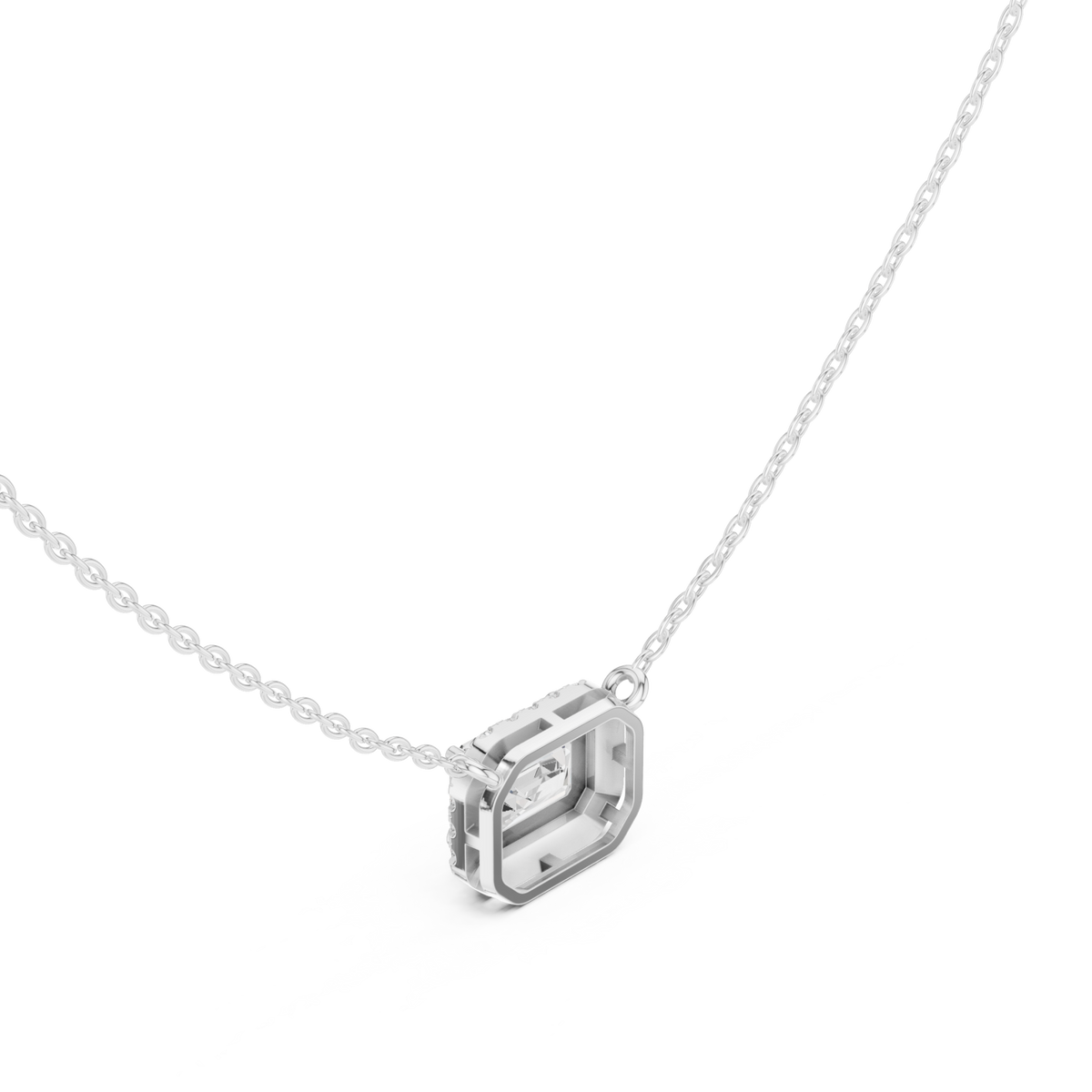 East-west emerald halo pendant white gold angle view