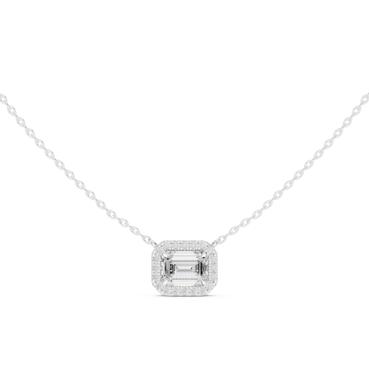 East-west emerald halo pendant white gold detail view