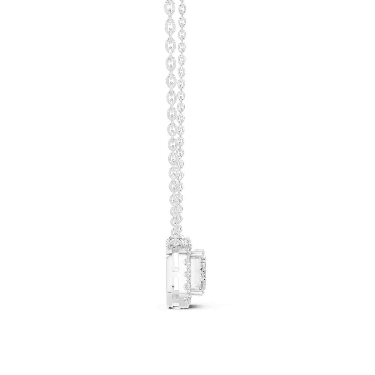 East-west emerald halo pendant white gold side view