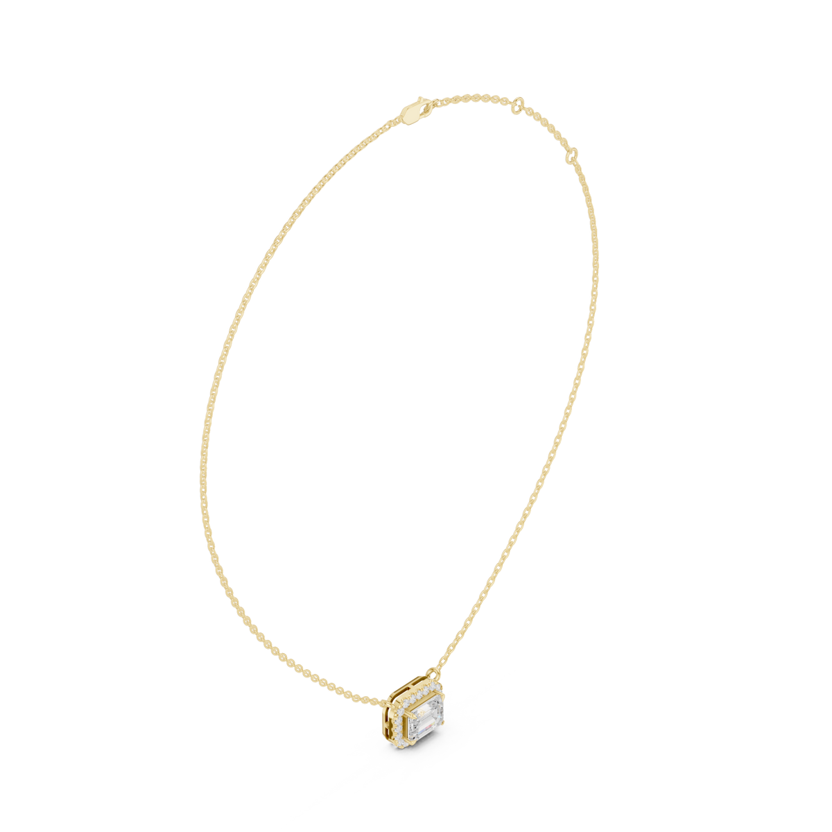 East-west emerald halo pendant yellow gold front view