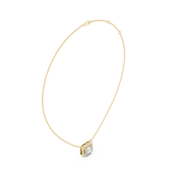 East-west emerald halo pendant yellow gold front view