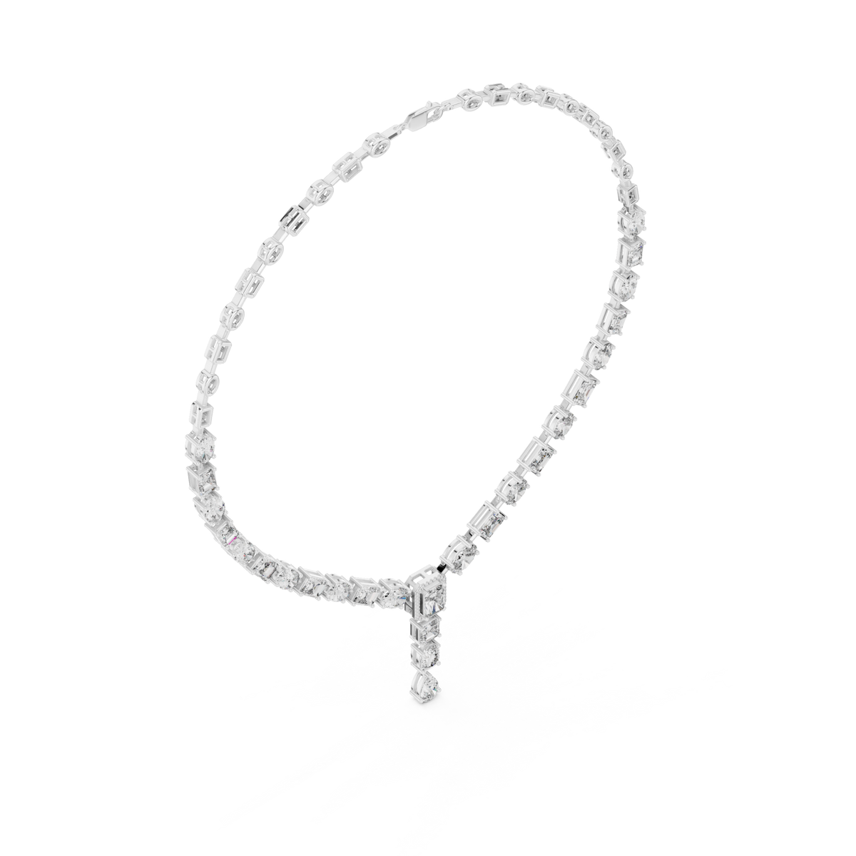 East-west oval and emerald-cut y-drop necklace white gold angle view