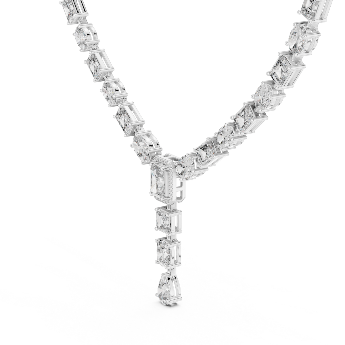East-west oval and emerald-cut y-drop necklace white gold front view