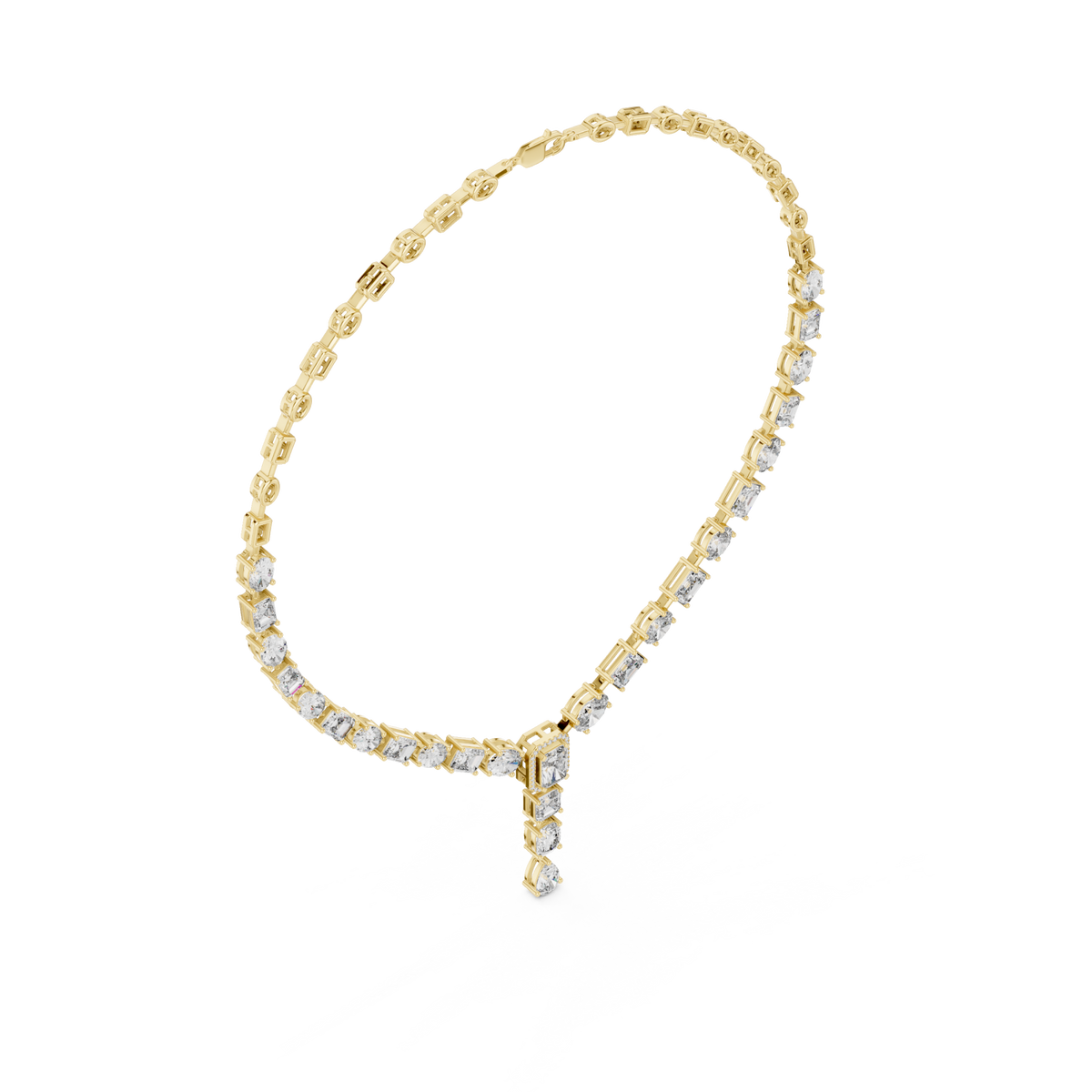 East-west oval and emerald-cut y-drop necklace yellow gold angle view