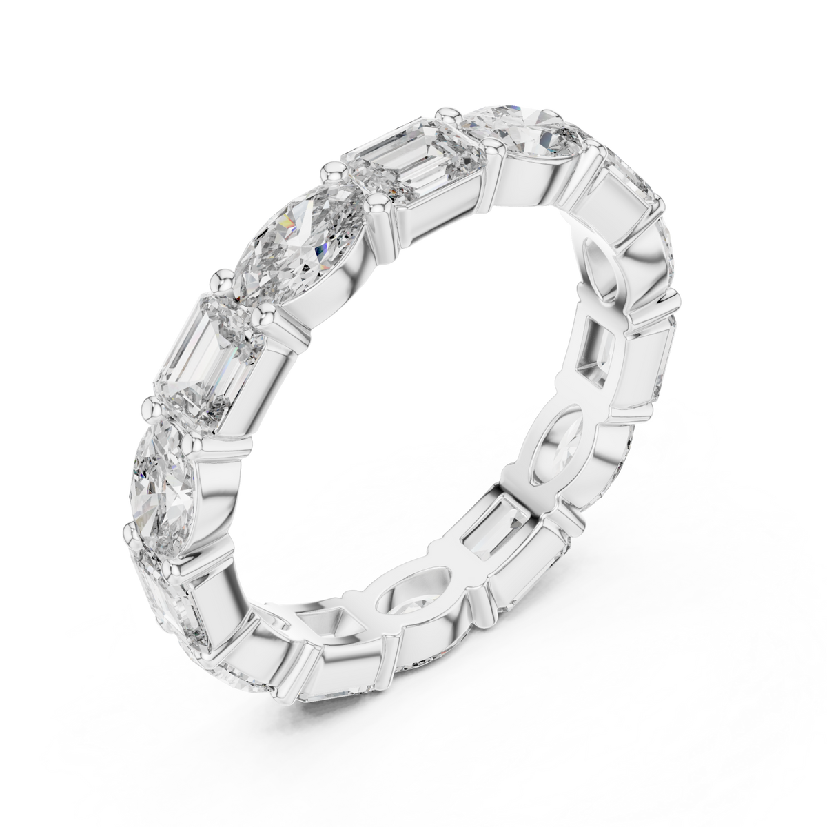 East-west oval and emerald eternity band white gold front view