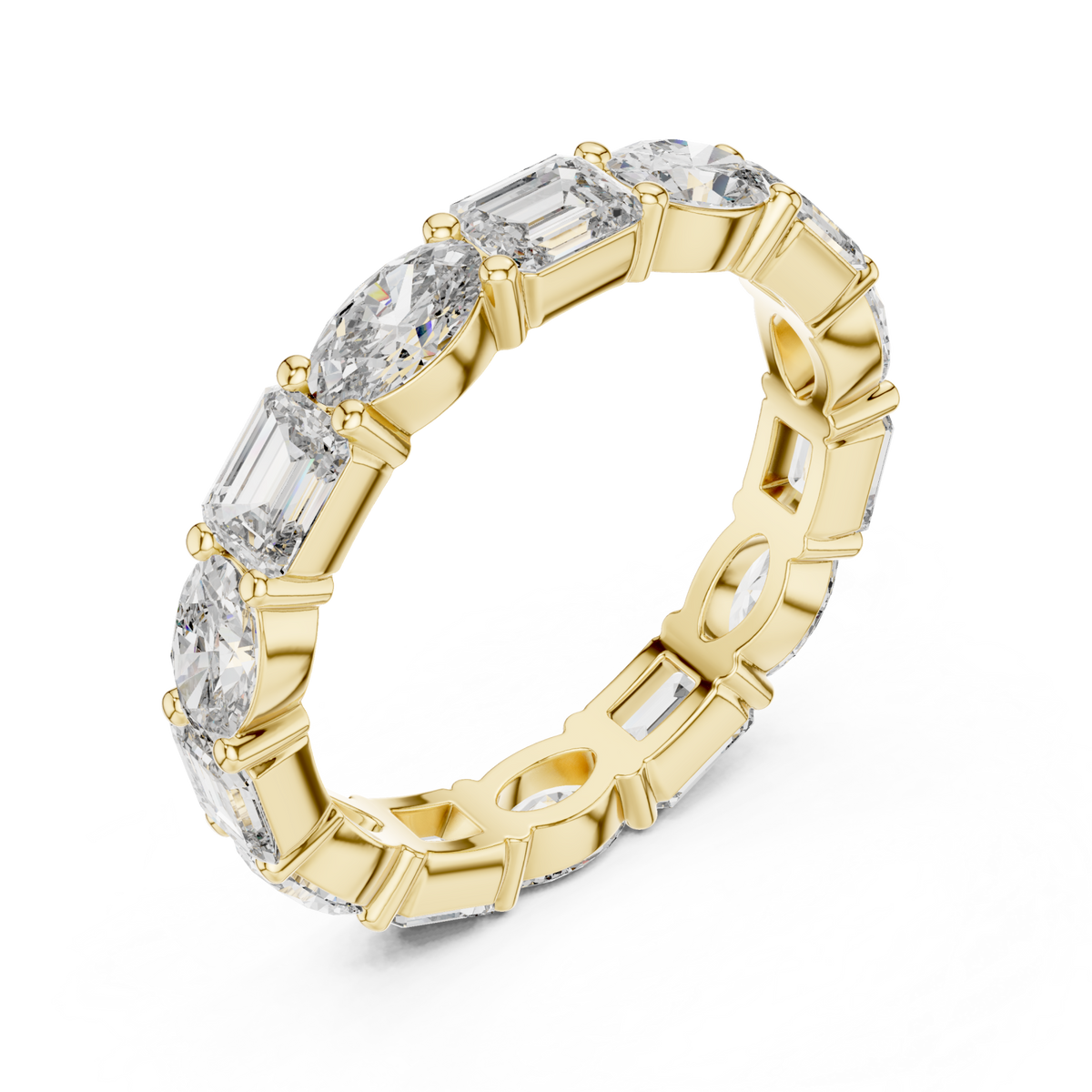 East-west oval and emerald eternity band yellow gold front view
