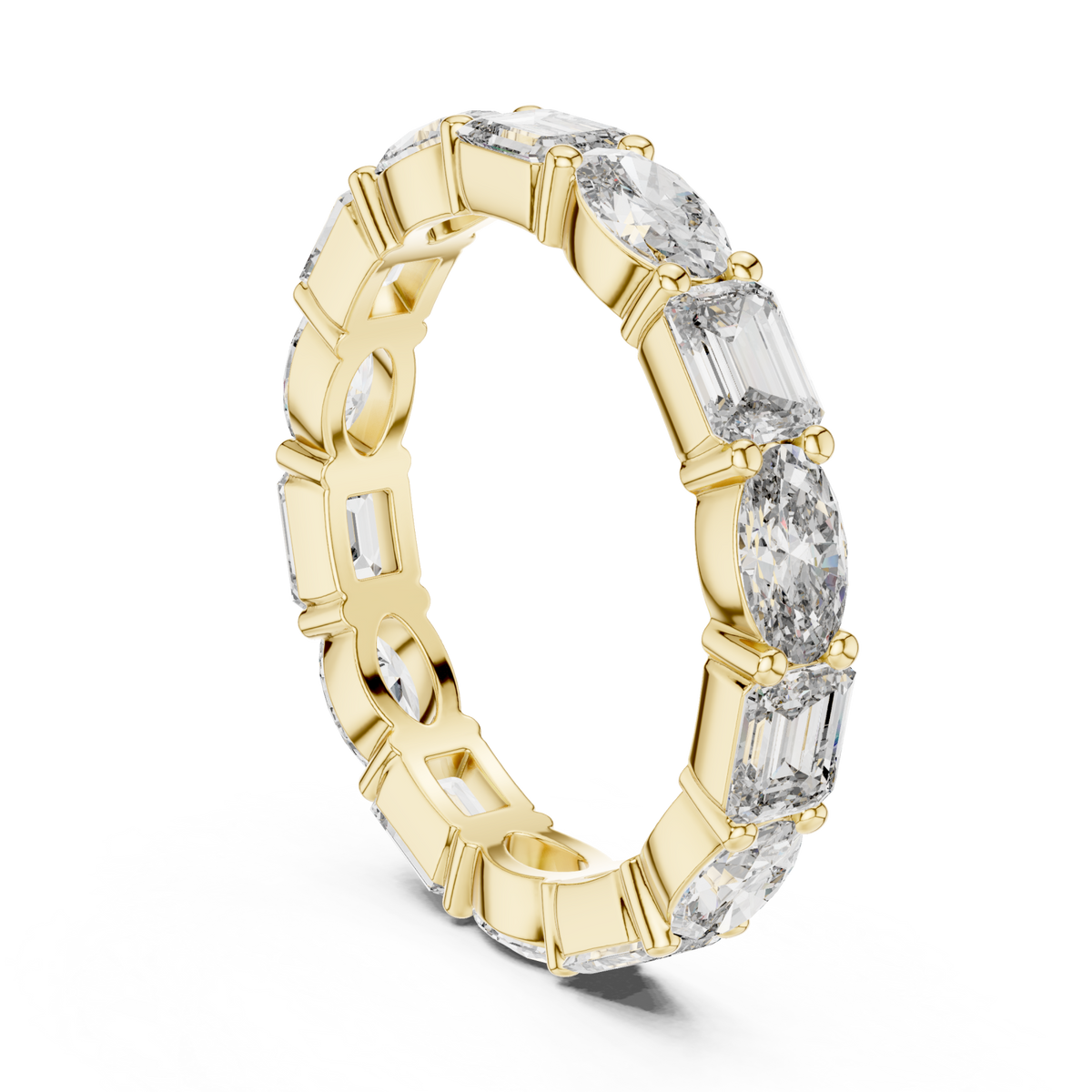 East-west oval and emerald eternity band yellow gold side view