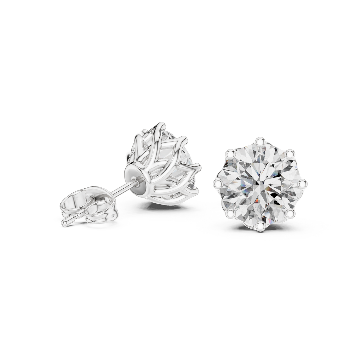  White Gold Eight-Prong Round Crown Studs Front View