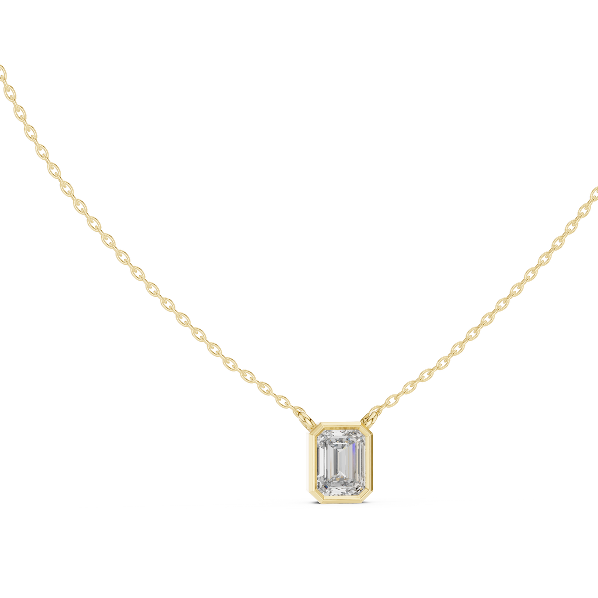 Emerald-cut bezel station necklace - petite yellow gold front view