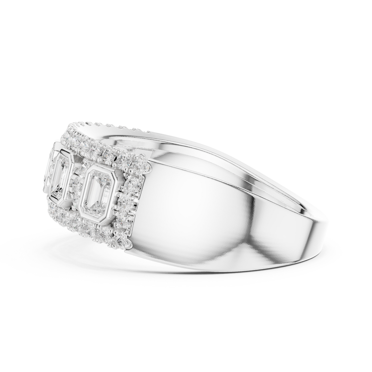 Emerald-cut diamond station halo cigar band white gold angle view