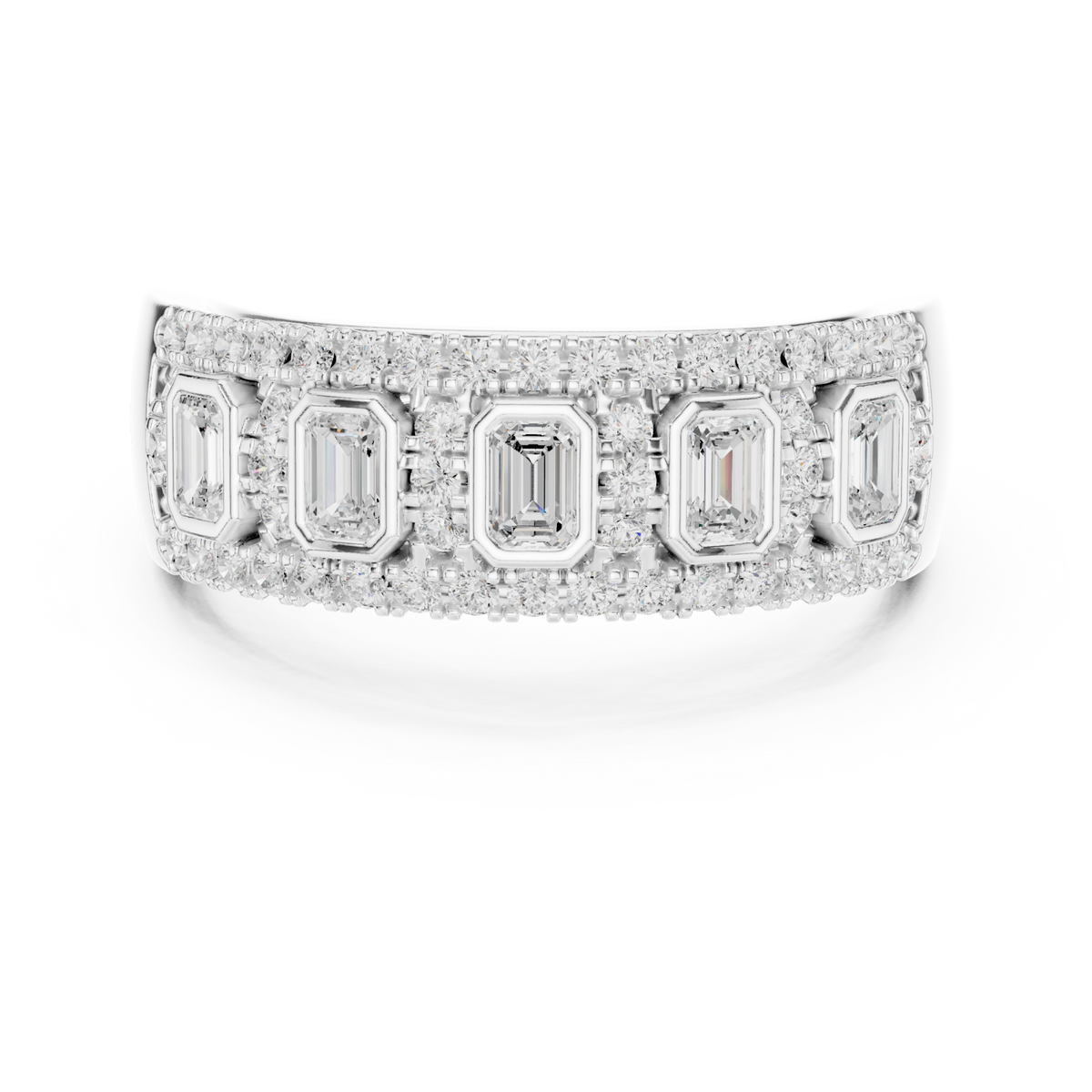 Emerald-cut diamond station halo cigar band white gold detail view