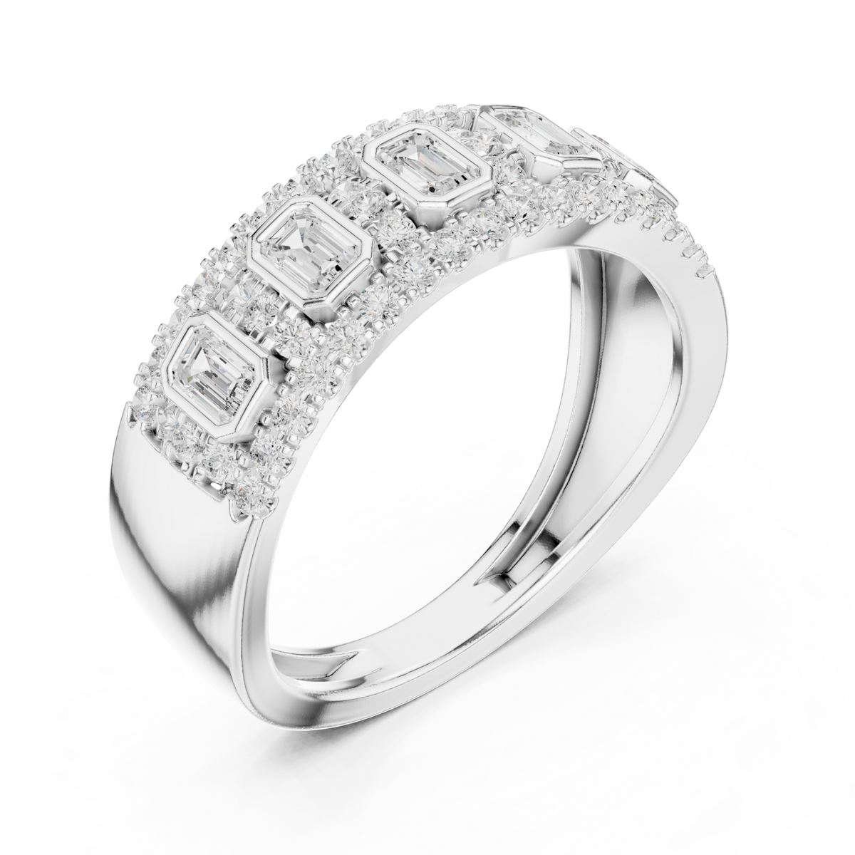 Emerald-cut diamond station halo cigar band white gold front view