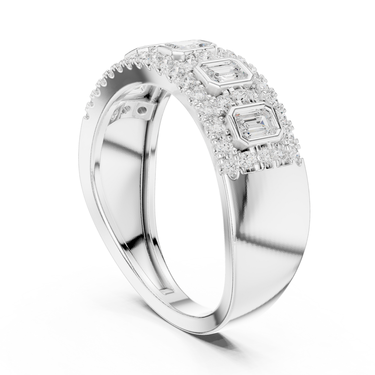 Emerald-cut diamond station halo cigar band white gold side view