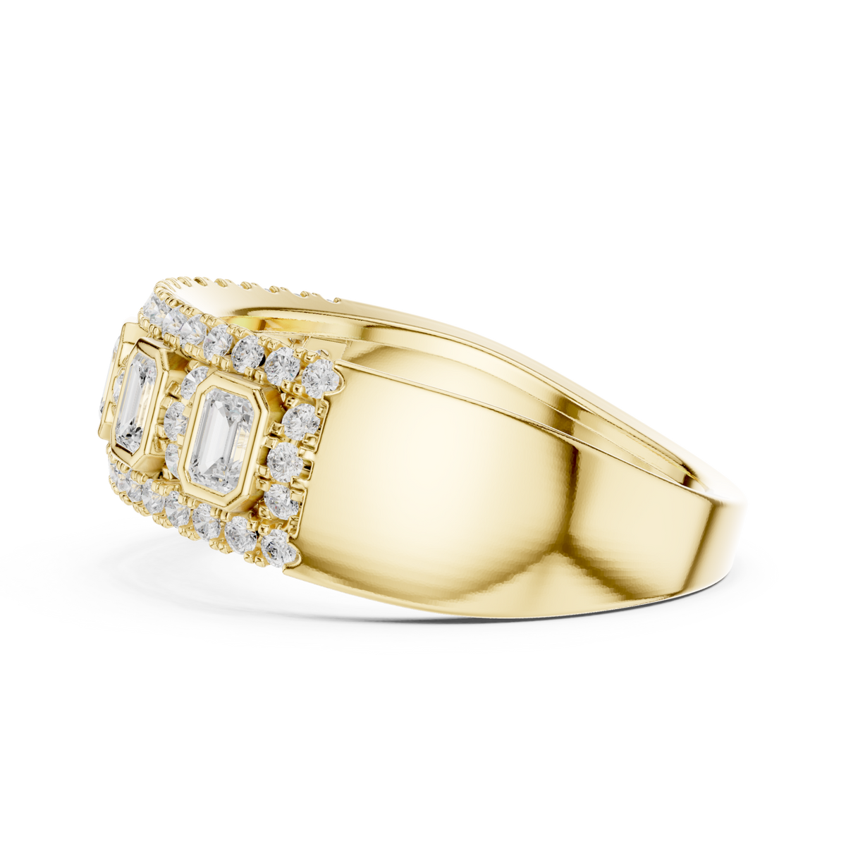 Emerald-cut diamond station halo cigar band yellow gold angle view